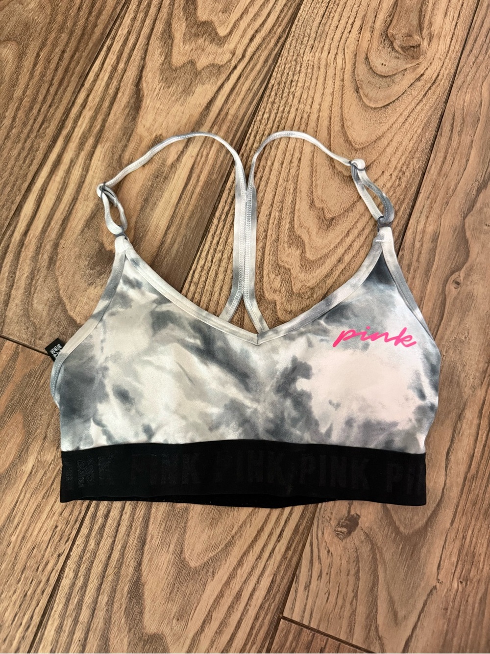 PINK Victoria's Secret Gray & White Tie-Dye Sports Bralette with Pink Logo